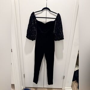 Black Sequin Sleeve Velvet Jumpsuit - Elegant Women's One-Piece